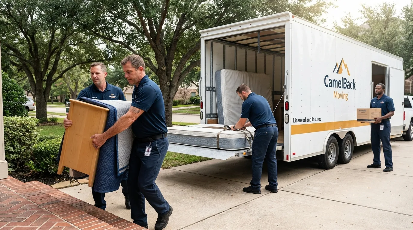 Crew loading residential truck for cross-state move from Madison, NE