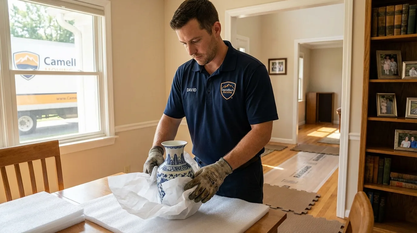 Professional crew carefully wrapping antique vase for senior downsizing move in Madison, NE